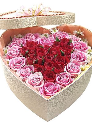 50 Mixed Roses Heart Box
