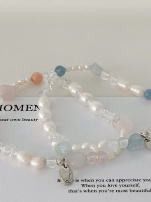 [Freshwater Pearl Natural Stone] 2 type engraved gemstone lucky bracelet