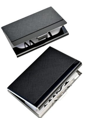 All black natural cowhide steel business card case card holder with initial engraving