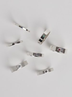 Diamond: star sculpture/moon sculpture “birthstone+engraving” silver couple ring, friendship ring